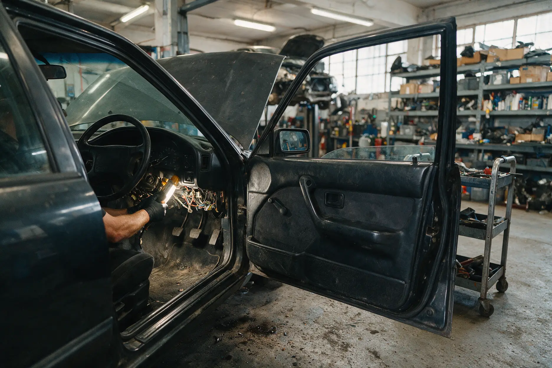 Technician working inside a vehicle at the shop